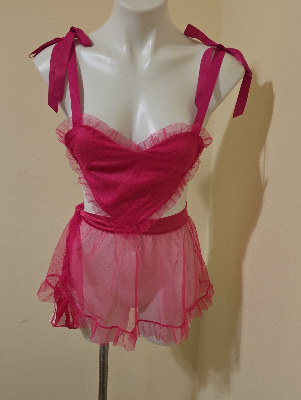 Victoria's Secret Fuchsia Tie-Shoulder Heart Bodice Babydoll Chemise